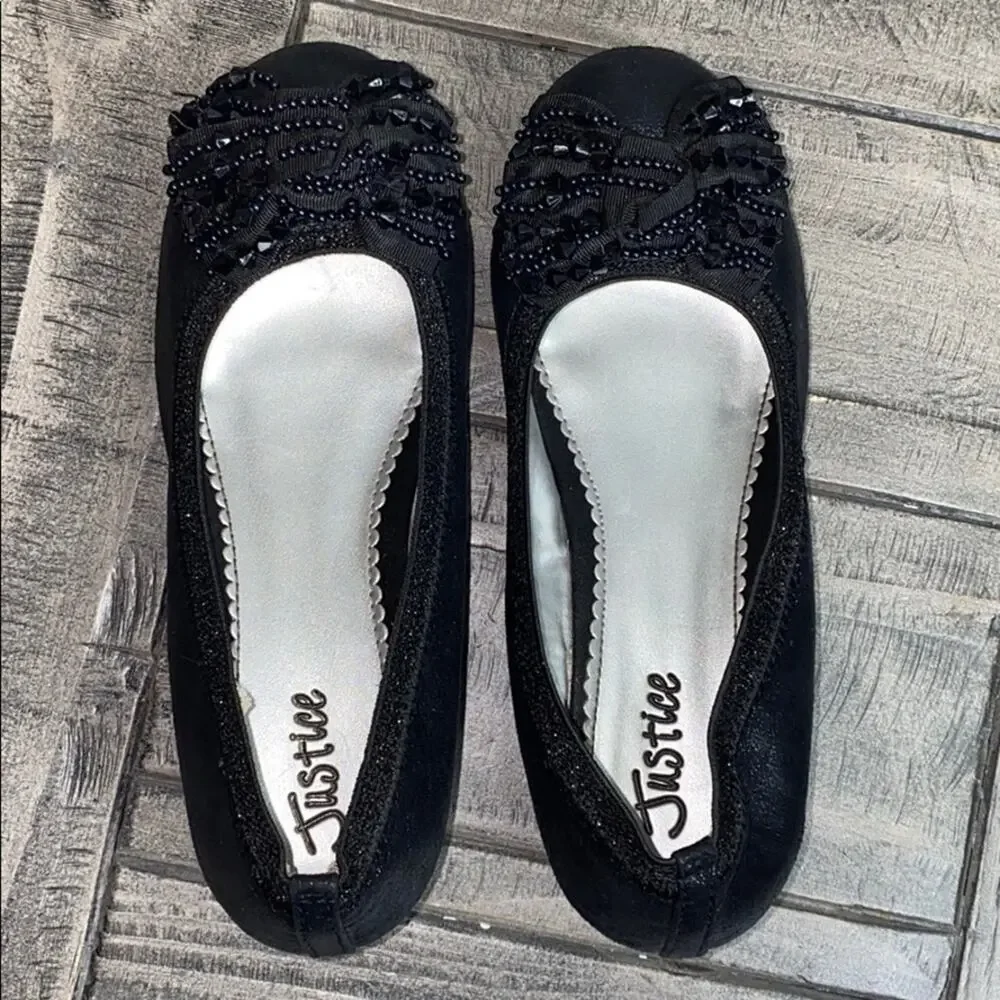 Justice Black Floral Beaded Bow Wedges 4